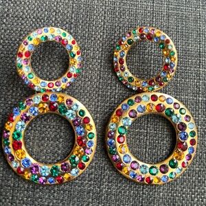 Multi Color Sparkly Rhinestone Dangle Earrings Rose Gold Tone Jewel Tones Runway